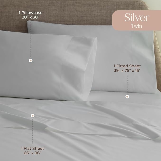 100% Organic Cotton Sheets Twin Size - GOTS Certified Cotton Percale Sheets with Crisp Cool & Breathable Percale Weave Perfect for Hot Sleepers - Durable Luxury 4 Piece Set (Silver, Twin)