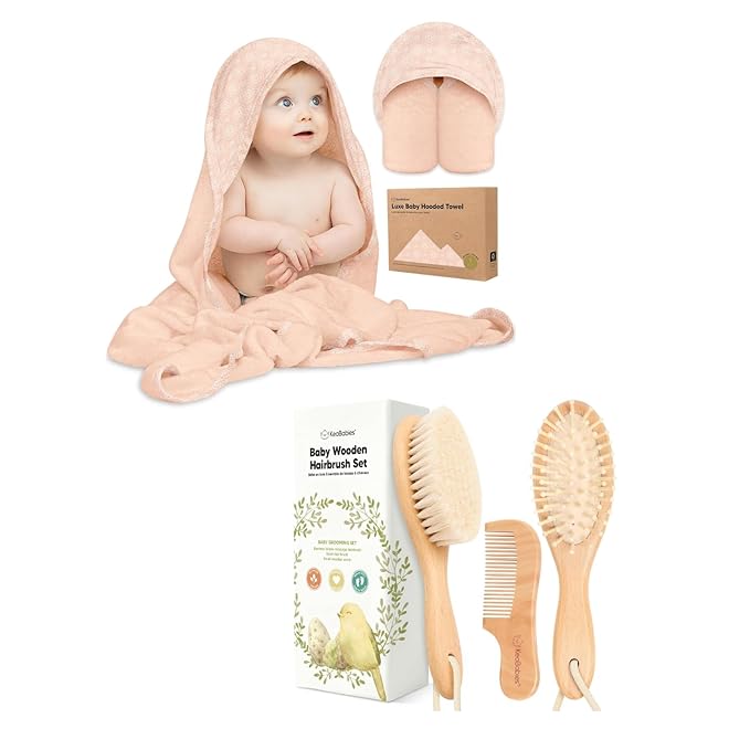 KeaBabies Baby Hooded Towel and Baby Hair Brush and Comb Set - Soft Bath Towels with Hood for Toddlers, Wooden Brush with Soft Goat Bristle for Girls, Boys, Toddlers
