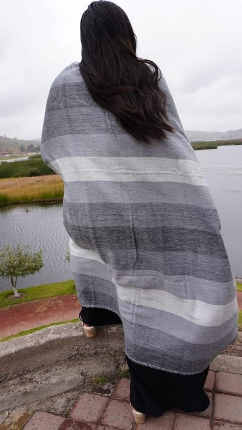 Alpaca Wool Throw Blanket, Grey Striped, 65 x 48 | Cozy, Ultra-Soft, Naturally Warm, Lightweight & Breathable, Non-Itchy