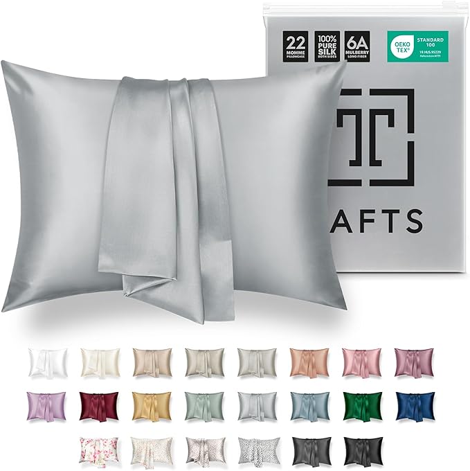 Tafts Silk Pillow Cases - 22mm 100% Pure Mulberry 6A Silk Pillowcase for Hair & Skin with Zipper Closure, Cooling, Natural, Organic, Double Sided Pillow Case (Silver Grey, Queen 20x30 1pc)