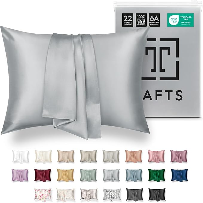 Tafts Pillow Cases - 22mm 100% Pure Mulberry 6A Silk Pillowcase for Hair & Skin with Zipper Closure, Cooling, Natural, Organic, Double Sided Silk Pillow Case (Silver Grey, King 20x36, 1pc)