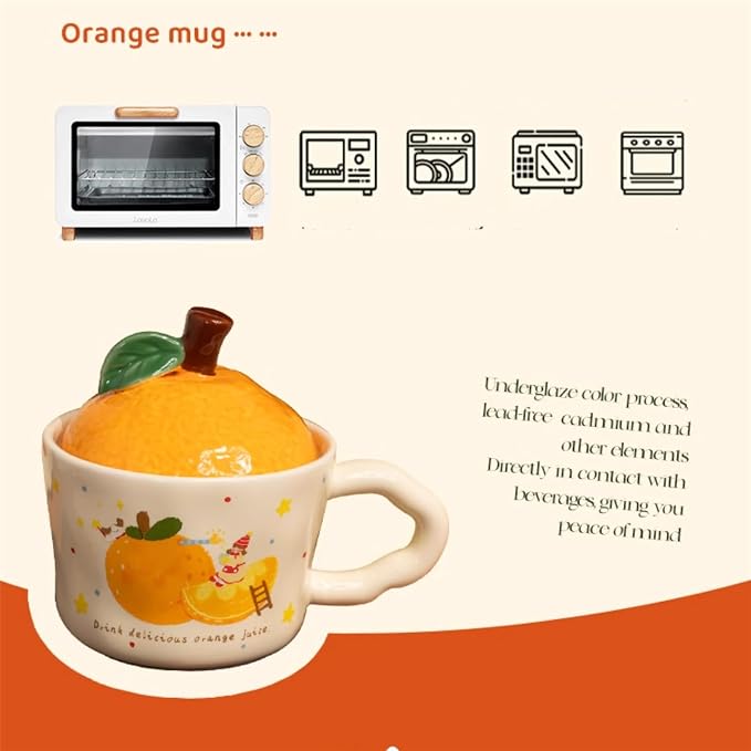 Coffee Mug Cups Ceramic Tea Cup 3D Fruit Orange Shaped Handmade Pottery Cute Mugs With Lid Handle Office Home Hot Ice Water Juice Milk Mugs Gifts Microwave Dishwasher Safe 13 Oz Travel Mug (Orange)