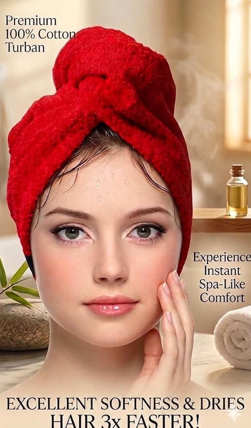 KEEPOZ Hair Towel Wrap Quick Dry 100% Cotton Super Absorbent Turban Head Wrap for Women with Button, Non Microfiber Anti Frizz Hair Products, Hair Cap for Curly, Long & Thick Hair (Red, 1 Pc)