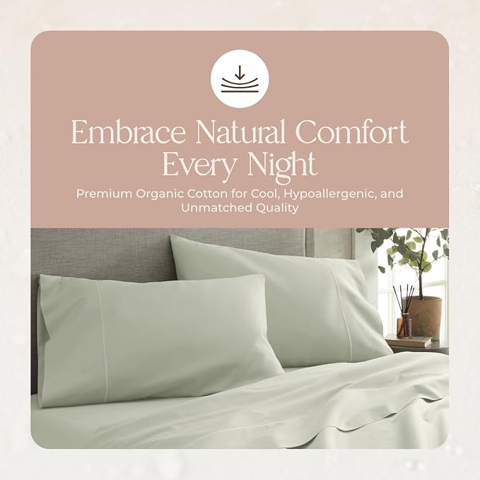 Organic Full Fitted Sheet Only Deep Pocket - 100% Organic Cotton Sheets with Breathable 300 Thread Count Sateen Weave GOTS & Fairtrade Certified - Soft Fitted Bed Sheets Only (Pastel Green, Full)