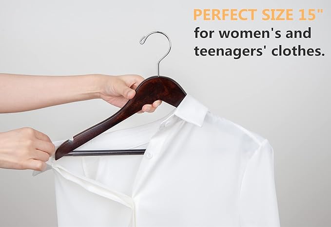 Amber Home 20 Pack 15" Walnut Wooden Clothes Hangers for Women, Teenagers - Solid Wood Dress Coat Hangers With Non-Slip Pants Bar