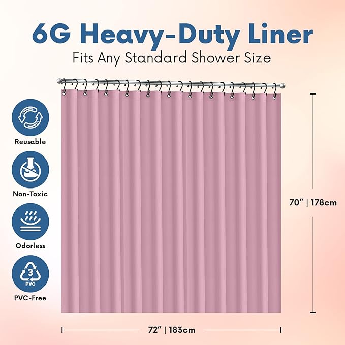 No Smell Shower Curtain Liner 72x72 Pink - PEVA Plastic Shower Curtain for Bathroom, PVC-Free Waterproof Pink Shower Liner with Metal Grommets and Magnet-Weighted Bottom Hem - Washable Liner