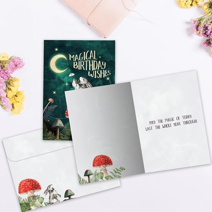 Tree-Free Greetings Magical Wishes Birthday Card - 1 Recycled 5x7 Card & Matching Envelope, Thick Cardstock, Made in USA - Witchy Mushroom Rabbit