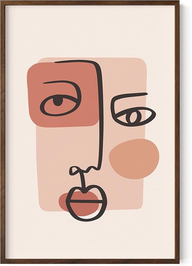 Abstract Face Wall Art Continuous Line Drawing Organic Shapes Earth Tones Terracotta Mid Century Modern 24x36 Inch Oak Wood Walnut Framed Minimalist Portrait for Bedroom Decor