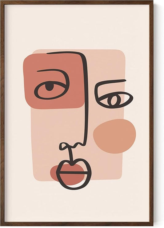 Abstract Face Wall Art Continuous Line Drawing Organic Shapes Earth Tones Terracotta Mid Century Modern 24x36 Inch Oak Wood Walnut Framed Minimalist Portrait for Bedroom Decor