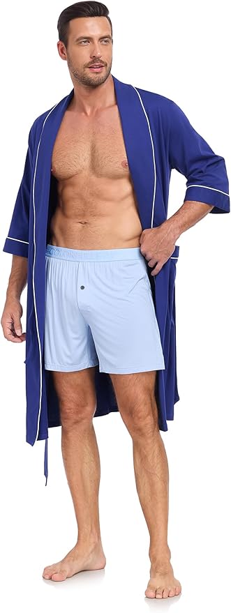 COLORFULLEAF 100% Cotton Men’s Summer Bathrobe Lightweight & Breathable Short Sleeve Kimono Robe with Pockets
