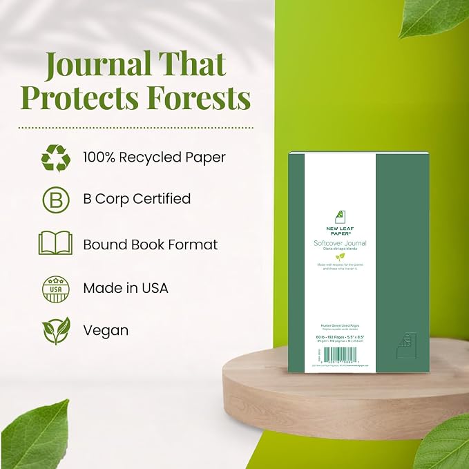 100% Recycled Softcover Lined Journal, Hunter Green, 8.5" x 5.5", 192 Pages, Embossed, Perfect Bound, FSC Certified, Made in USA
