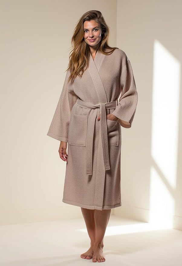 Turquaz Lightweight Waffle Knit Kimono Bathrobe - Soft Cotton Blend Spa Robe, Fast-Drying Full-Length Unisex Robes for Women