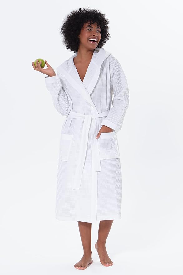 SEYANTE Women's Organic Cotton Waffle Kimono, Hooded Robe – GOTS Certified Lightweight Full-Length Spa Bathrobe with Piping
