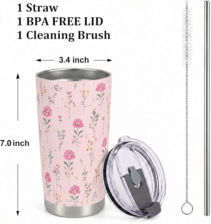Pink Insulated Tumbler, Floral Stainless Steel Travel Mug, Gifts for Women Girl on Birthday Christmas Thanksgiving, 20 oz Vacuum Coffee Cup