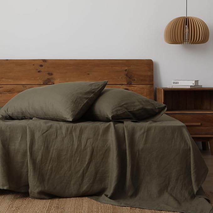 XZ XIFA Standard Pillowcases - 2 Pack - Envelope Closure - 100% Natural Washed French Flax, Breathable, Durable, Textured Pillow Covers 20"x26"(Standard, Olive Green)