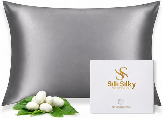 SilkSilky 100% Mulberry Silk Pillowcase - Pure 22 Momme High-Grade 6A Fibers for Hair & Skin, Envelope Closure, Natural, Organic, Breathable & Cooling Pillow Case (King, Dark Gray)