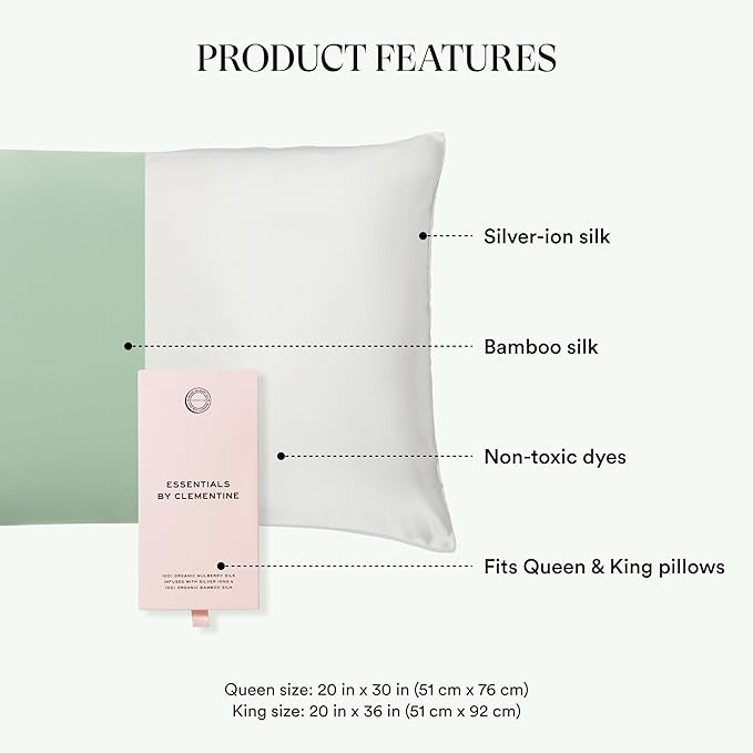 Clementine Sleepwear Essentials Organic King Size Pillowcase Match Point Green | Two-Tone Bamboo and Silver Ion Silk for Acne-Prone Skin, Anti-Aging, and Hydrated Hair and Skin