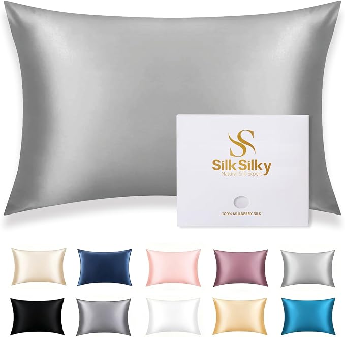 SilkSilky 100% Mulberry Silk Pillowcase - Pure 22 Momme High-Grade 6A Fibers for Hair & Skin, Hidden Zipper, Natural, Organic, Breathable & Cooling Pillow Case (Queen 20''x30'', Silver)