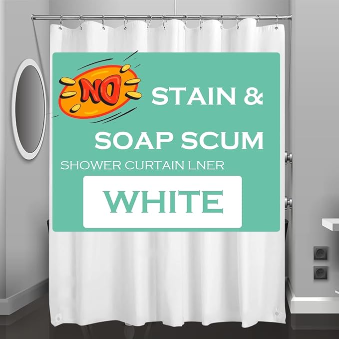 White Plastic Shower Curtain Liner, 72x72 Inch Thin Lightweight Plastic Bathroom Shower Showroom Inner Curtain with Rustproof Metal Grommet Holes and Weighted Magnets