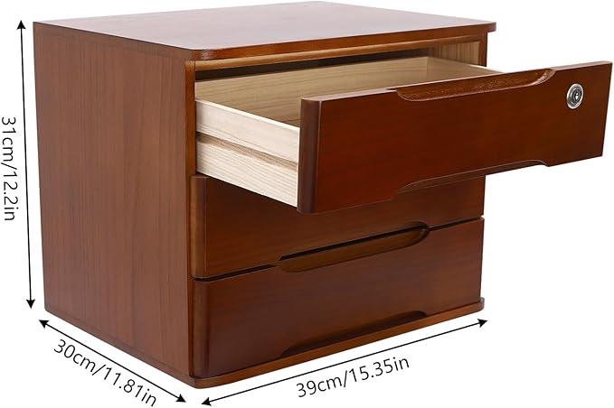 3 Tier Desktop Organizer Storage Box, Solid Wood Storage Box with Lock, Desk Drawers Organizer and Accessories, for Home, Office, Stationery, Crafts, Junk & Supplies, Walnut