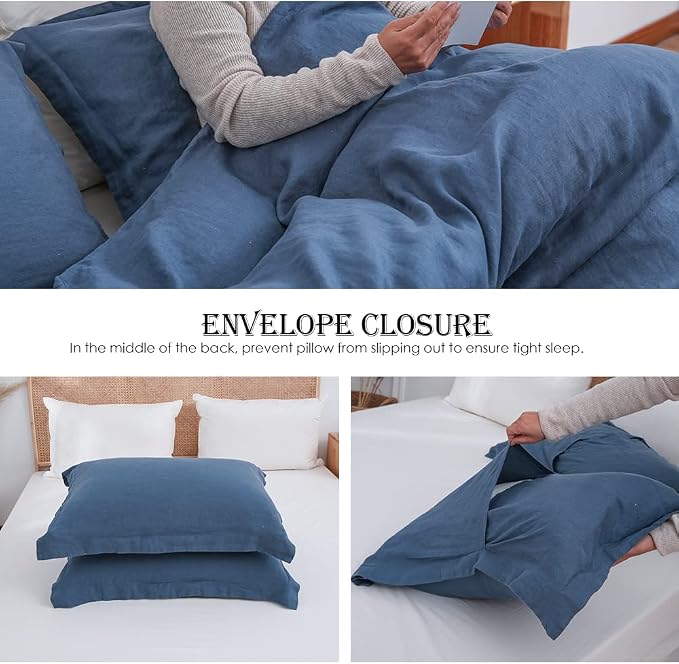Simple&Opulence 100% Linen Duvet Cover Set 3pcs Basic Style Natural French Washed Flax Solid Color Soft Breathable Farmhouse Bedding with Button Closure - Classic Blue, King