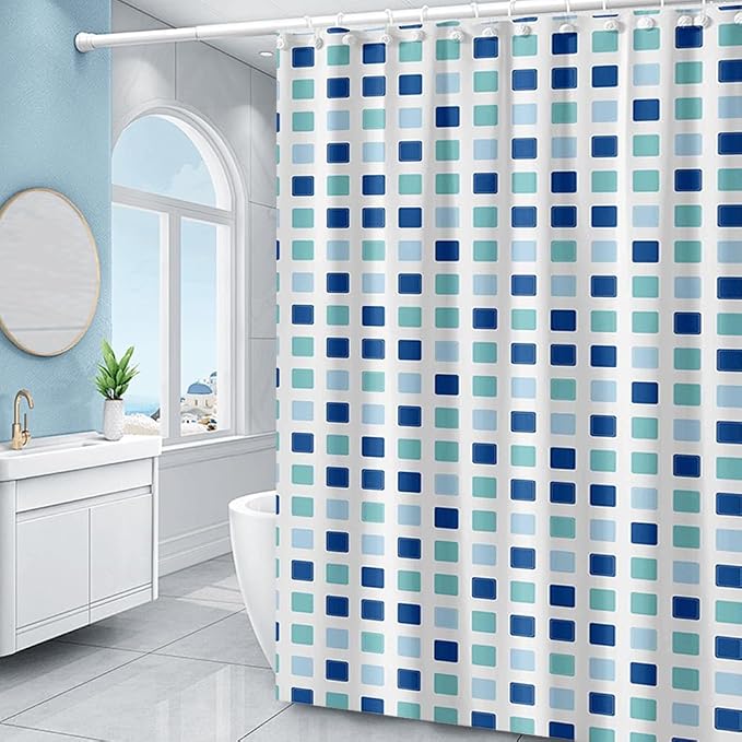 Plastic Shower Liner - Premium PEVA 4G Shower Curtain Liner with Rustproof Grommets and 3 Weighted Magnets, Waterproof Shower Curtains for Bathroom (Blue-Green Square)