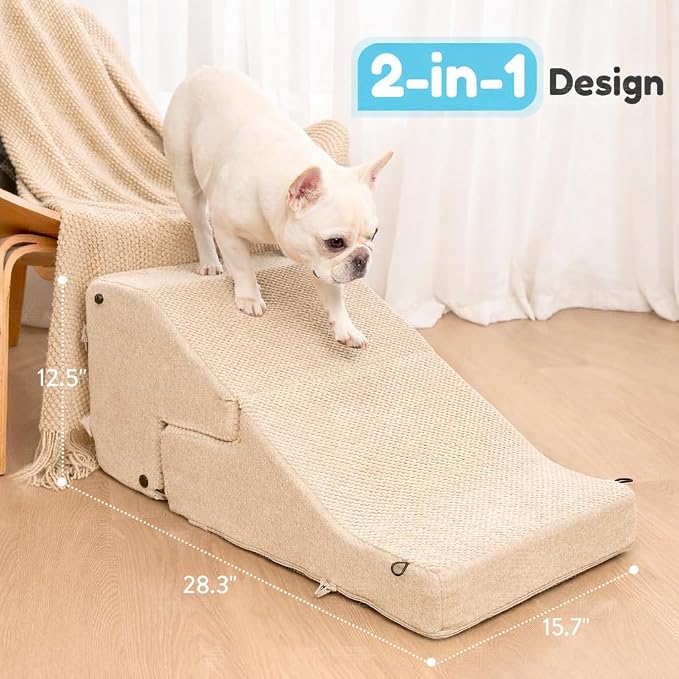 5-Step Dog Stairs and Ramp for Small Dogs and Cats, Pet Steps for High Bed with Non-Slip Bottom, Beige