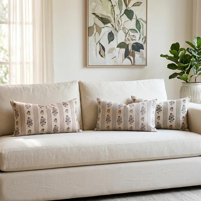 Amor Virisso Floral Throw Pillow Covers 12 x 20 Set of 2 Block Print Pillow Covers Neutral Floral Striped Farmhouse Decorative Pillow Covers for Sofa Couch Bed, Light Blue