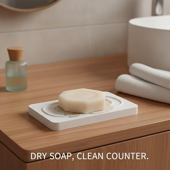 Diatomaceous Earth Soap Dish, Fast-Drying Stone Tray for Bar Soap, White (1 PC)