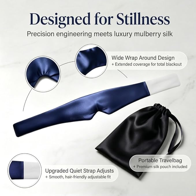 Silk Sleep Mask for Side Sleepers, Blackout Eye Mask for Sleeping Women Men, 100% 22 Momme Mulberry Silk, Full Coverage Face-Hugging Sleep Mask for Travel, Naps & Shift Workers, Blue