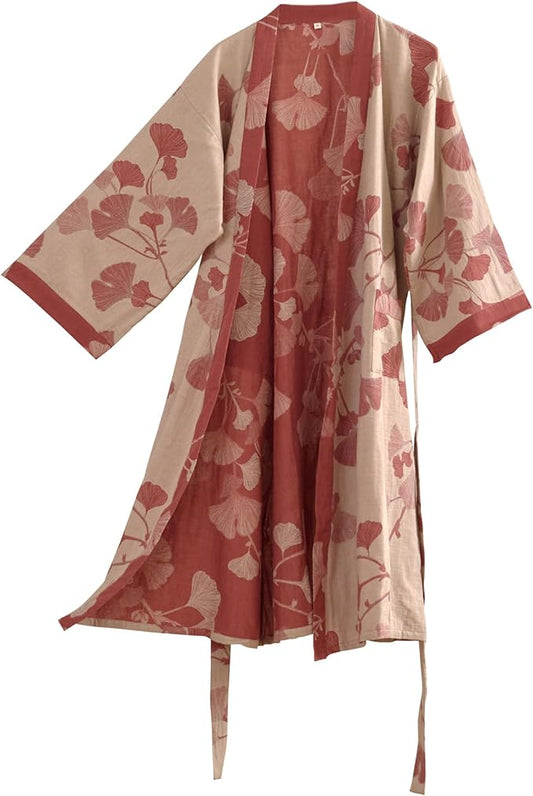 100% Cotton Gauze Ginkgo Leaf Kimono Robe, Long Knit Loose Bathrobe Nightgown Ladies Loungewear Sleepwear for Women