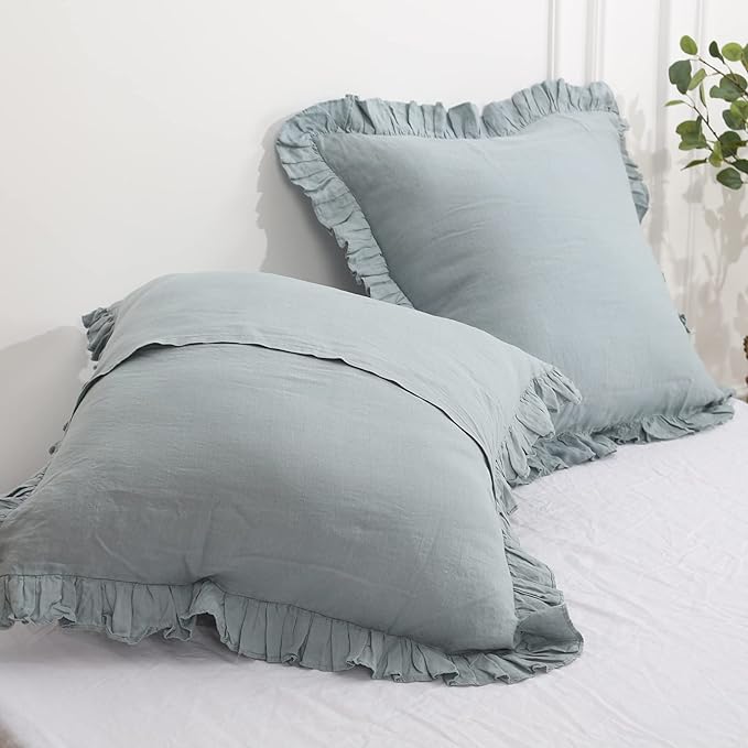100% French Linen Euro Shams with Ruffles - Set of 2 - Washed Solid Color Natural Flax Soft Breathable Pillow Covers - Dusty Blue, 26'' x 26''