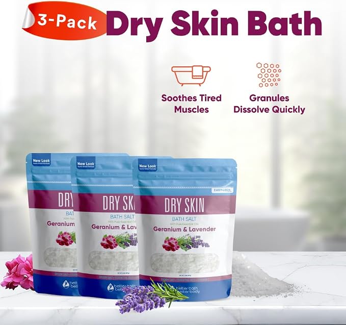 Dry Skin Bath Salt (3 Pack) Skin Soothing Epsom Salt with Pure Essential Oils in BPA Free Pouch with Press Lock Seal Made in USA Three 2 Lbs Pouches 6 Lbs Total