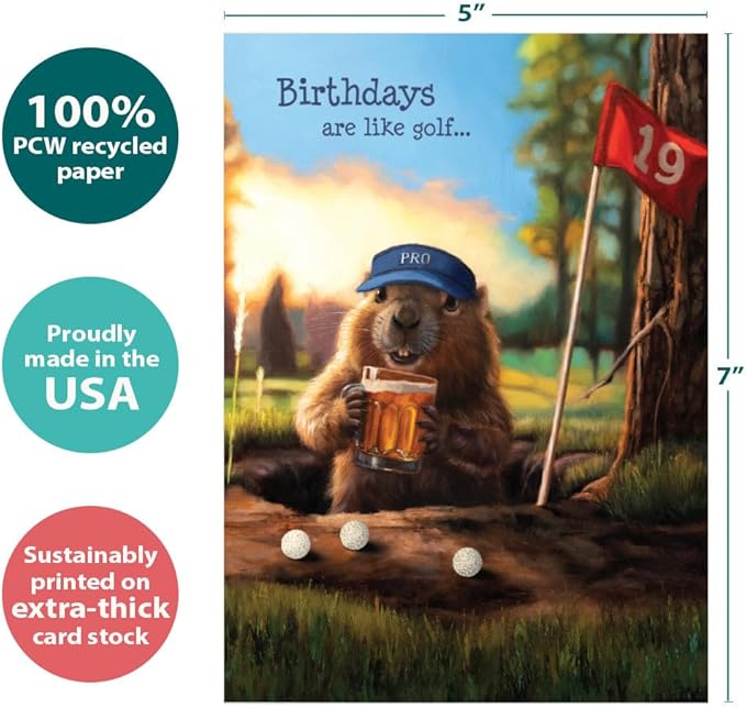 Tree-Free Greetings Like Golf Birthday Card - 1 Recycled 5x7 Card & Matching Envelope, Thick Cardstock, Made in USA - Funny Gopher Art