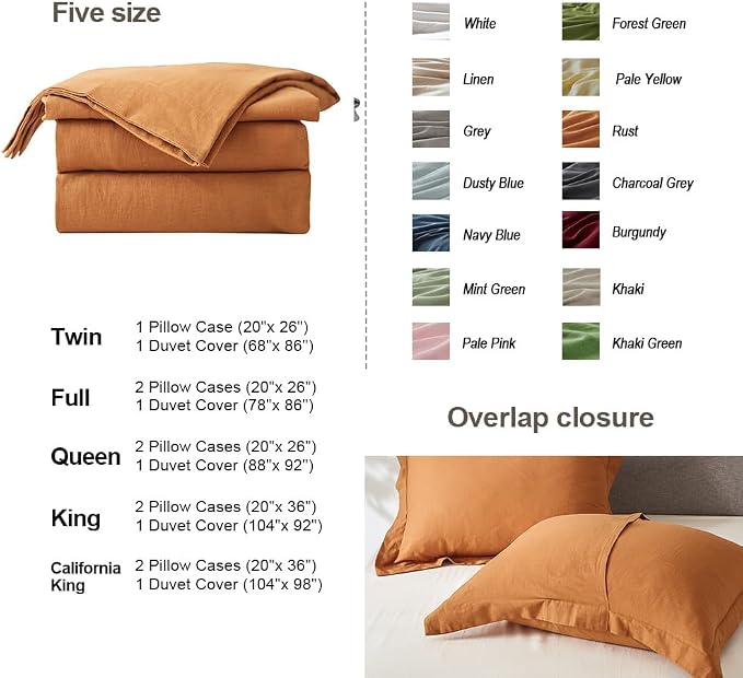 Simple&Opulence French Linen Duvet Cover Set 68" x 86"- 2 Pieces (1 Comforter Cover,1 Pillowcase)- Natural Flax Cotton Blend-Solid Color Breathable Farmhouse Bedding-Rust, Twin