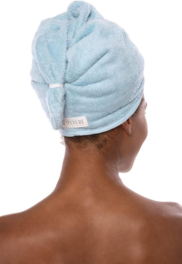 TexereSilk Women's Rayon and Cotton Terry Hair Towel - Absorbent and Fast Drying for All Hair Types - Comfortable Hair Cap with Loop and Twist Closure (Tya, Robin's Egg, U)