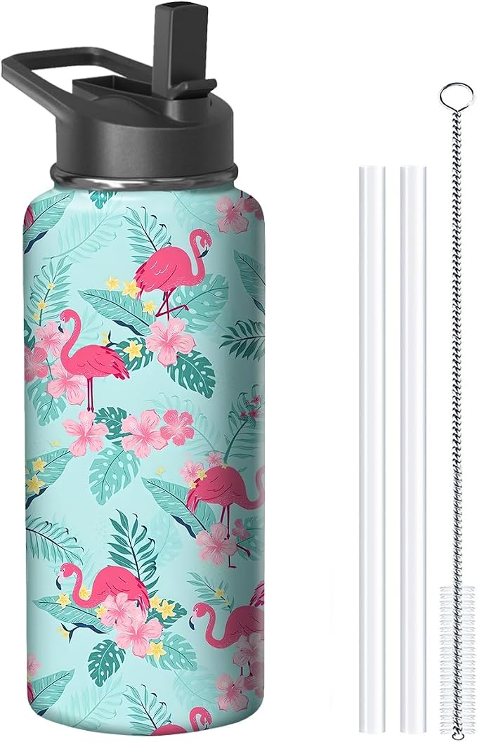 32oz Flamingo Water Bottle with Handle and Flip Straw, Animal Sports Stainless Steel Insulated Cup Travel Coffee Mug Tumbler, Birthday Mothers Day Chritmas Gifts for Women