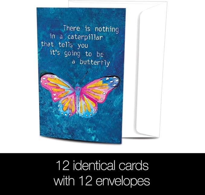 Tree-Free Greetings - All Occasion Cards - Artful Designs - 12 Cards + White Envelopes - Made in USA - 100% Recycled Paper - 4"x6" - Caterpillar Butterfly (FS54552)