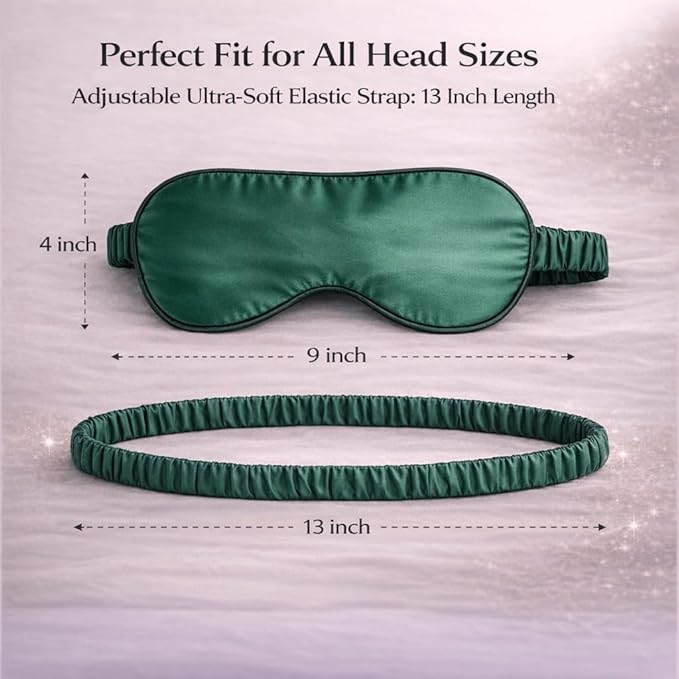 100% Mulberry Silk Sleep Mask for Women/Men Airplane Travel, Pure 22 Momme Silk Eye Mask Blackout for Sleeping, Ajustable, Luxury, Anti Wrinkle, Anti Aging Silk Blindfold, Made in USA (Emerald Green)