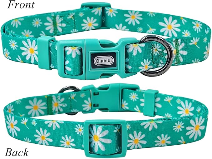 Dog Collar Leash Set, Floral Pattern, Polyester Material, Adjustable Collar and 5ft Matching Leash, for Small Dogs.(S, Green Daisy)