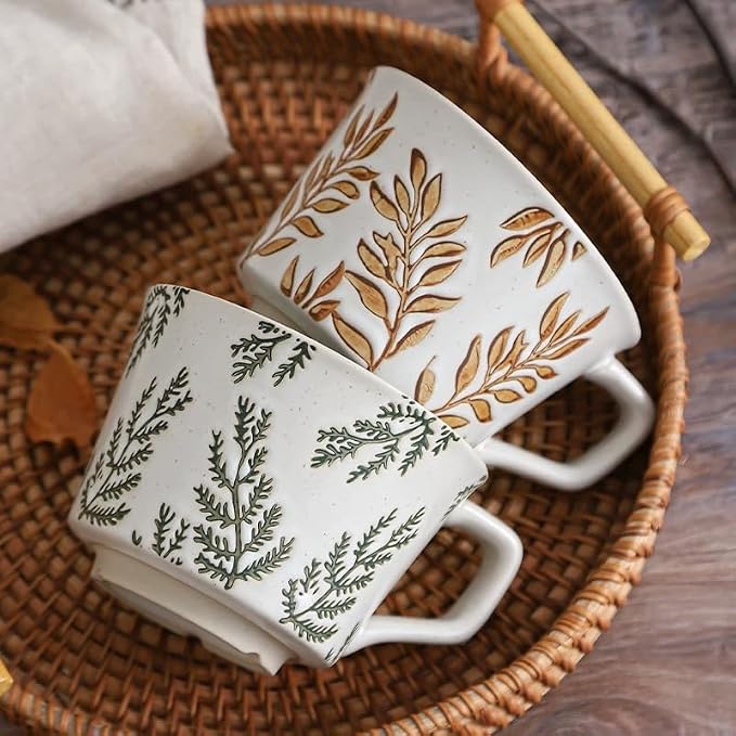 Ceramic Mug 1pcs, 11oz - Vintage Coffee Mug, Pottery Cups for Milk, Latte, Cappuccino, Tea - Porcelain Dishwasher, Microwave Safe Stoneware Green Leaf