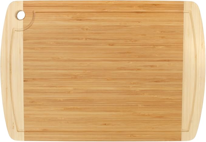 BambooMN Heavy Duty Premium Bamboo Two-Toned Cutting Board w/Hanging Hole - 17.25" x 11.75" x 0.75" - Grooved/Flat - 2 Pieces