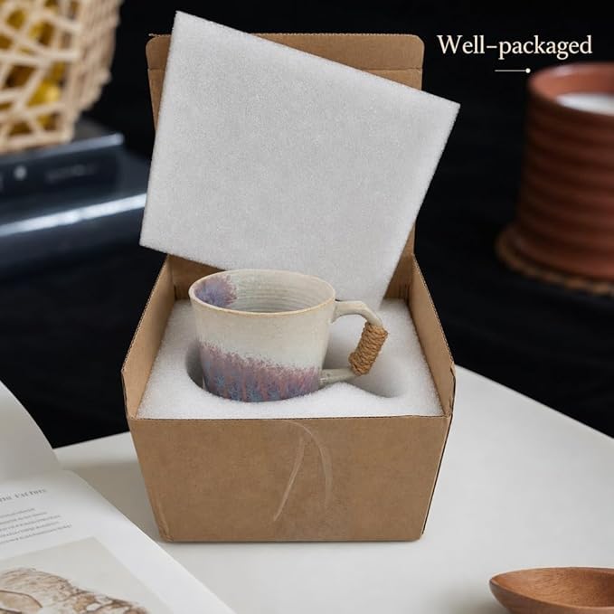 10oz Retro Vintage Japanese Style Handmade Ceramic Tea Cup with Handle, Lead-Free Reactive Glaze Artisanal Coffee Mug, Handmade Pottery Tea Mug for office and home,for Latte and Cappuccino,Purple