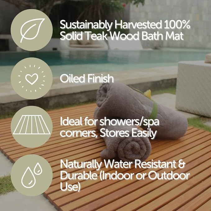 Nordic Style Teak Shower, Bath and Spa Mat | Indoor + Outdoor Use | Non-Slip Wood Platform | Spa, Sauna, Pool, Hot Tub | Luxury Decor (Oiled Finish, 30" X 30" (Rounded Edge Corner))