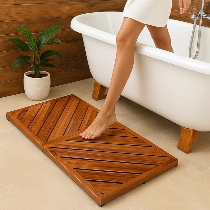 Teak Wood Bath Mat for Bathroom - (33" x 16.5") Anti Slip Square Shower Mat Wooden Floor Mats for Outside Inside Shower Bathtub Luxury Spa Home or Outdoor