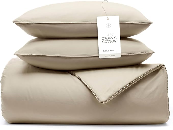 BOLL & BRANCH Signature Comforter Set - Twin/Twin XL, Sand - Duvet Insert and Cover in One Layer - Luxury Organic Cotton, Down Alternative, Hypoallergenic, All-Season - 1 Comforter and 2 Shams