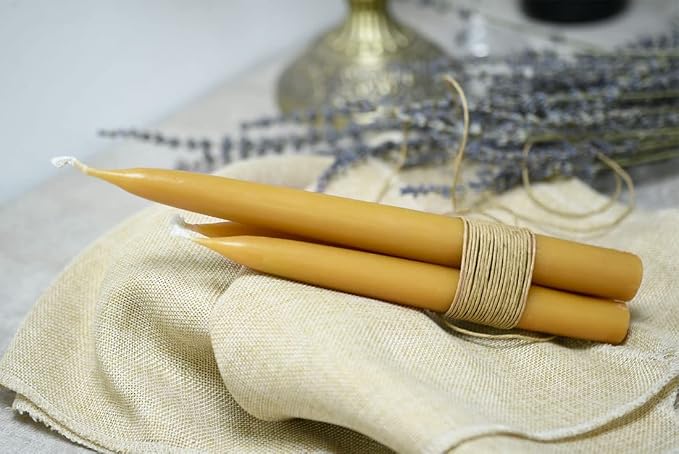 10 inch Natural Beeswax Taper Candles Set of 12, DEYBBY Smokeless and Dripless Organic Natural Beeswax Candles for Home Dinner Decor Emergency Housewarming Gift, 8-9 Hrs Burning, Nontoxic