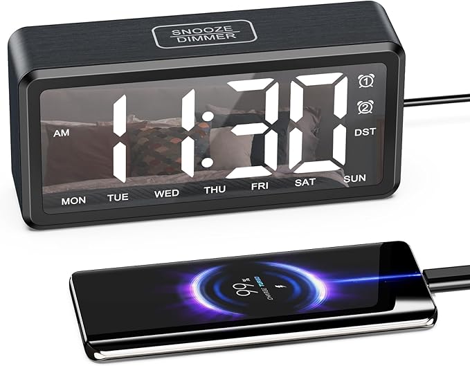 ORIA Wooden Digital Alarm Clock, LED Mirror Desk Clock with Dual Alarms, Snooze, Adjustable Brightness & Volume, Week, DST, for Bedroom Bedside Office