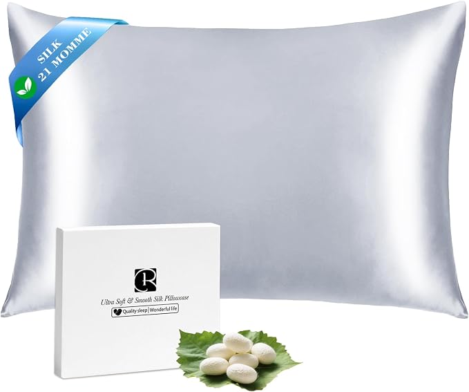 Ravmix Silk Pillow Cases with Zipper, 21momme Mulberry Silk Pillowcase for Hair Skin Health, Soft Smooth Breathable Cool Pillow Cover for Beauty Sleep with Gift Box 1PC(King 20"x36", Silver Grey)