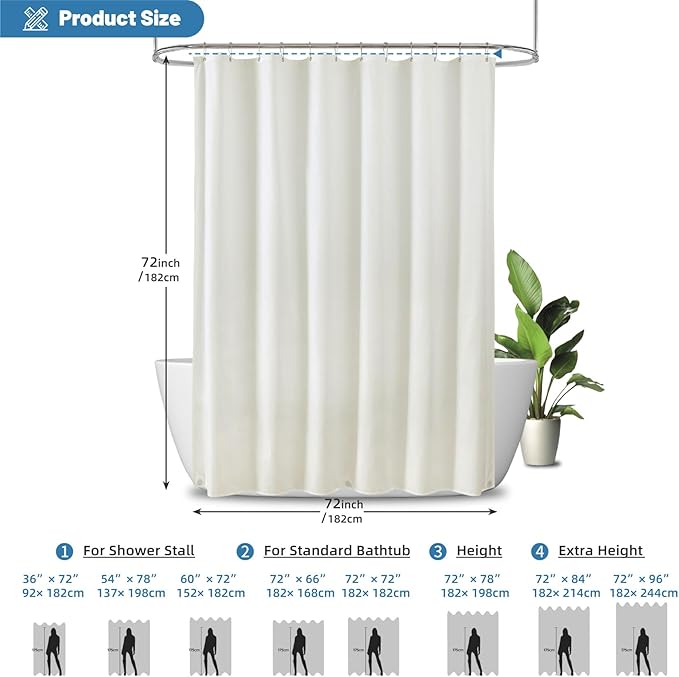 1 Pack Water-Repellent Fabric Shower Curtain Liner - Hotel Quality Machine Washable, 3 Heavy-Duty Magnets with Rustproof Grommets & Weighted Hem, Standard Size 72x72in Cream